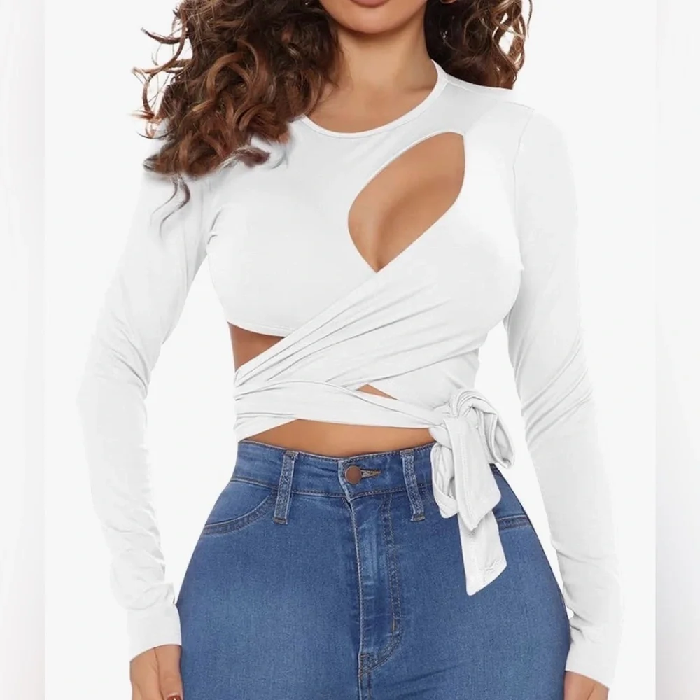 New White Long Sleeve Wrap Top size S